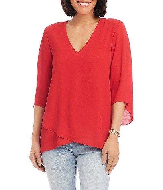Karen Kane Silky Crepe V-Neck 3/4 Flutter Sleeve Asymmetric Crossover Hem Top Product Image