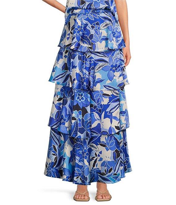 Skies Are Blue Coordinating Satin Floral Printed Tier Maxi Skirt Product Image