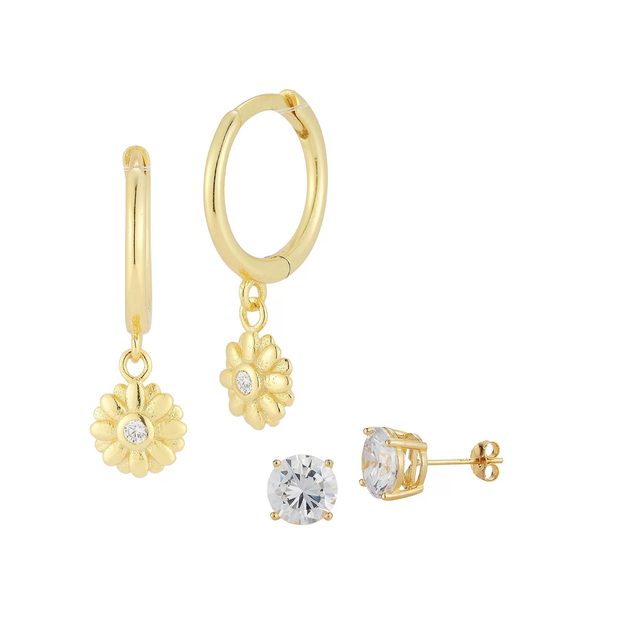 Sunkissed Sterling Sterling Silver Cubic Zirconia Flower Huggie Hoop Earring Duo Set, Women's, Gold Tone Product Image