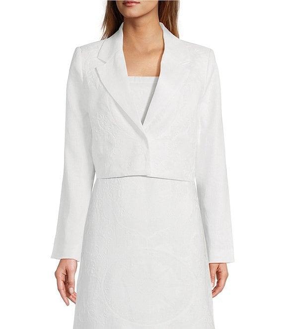 Le' AL.X Embroidered Linen Notch Lapel Long Sleeve Button Front Cropped Coordinating Blazer Product Image