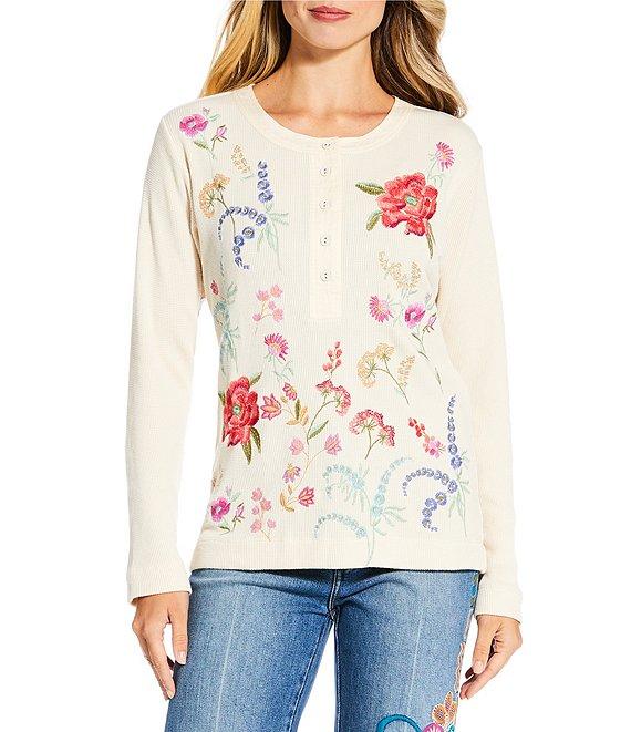 JOHNNY WAS Mayra Floral Embroidered Textured Knit Round Neck Long Sleeve Henley Top Product Image