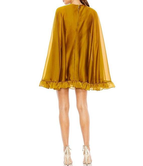 Mac Duggal Crew Neck Ruffle Hem Long Cape Sleeve Waistless Mini Dress Product Image