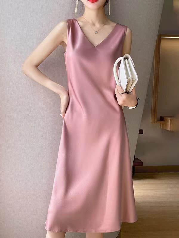 A-Line Loose Solid Color V-Neck Midi Dresses Product Image