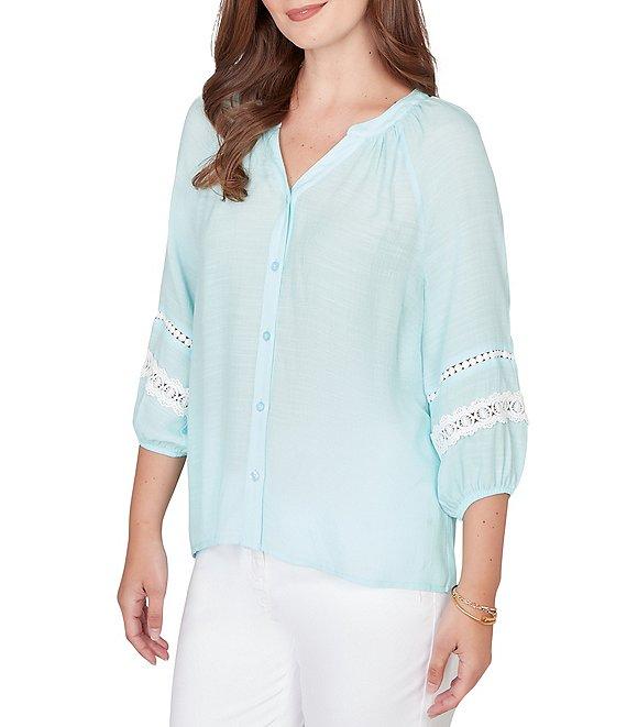 Ruby Rd. Silky Gauze Woven Split V-Neck 3/4 Sleeve Lace Trim Button-Front Peasant Blouse Product Image