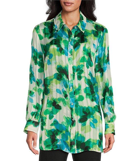 Investments Woven Multi Layered Petals Long Sleeve Point Collar Button Front Top Product Image