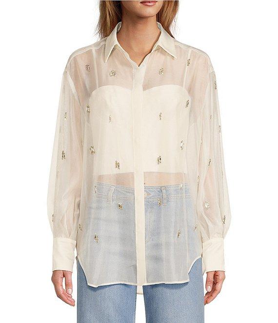 Antonio Melani Priscilla Organza Sheer Jewel Embellished Point Collar Long Sleeve Button Front Blouse Product Image