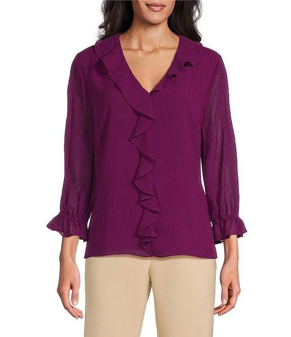 Investments Petite Size Riley Woven Cascading Ruffle V-Neck 3/4 Sleeve Top Product Image
