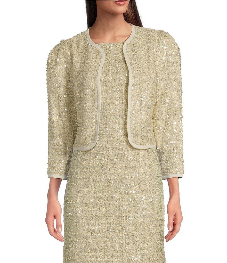 Donna Karan Sequin Tweed Crew Neck 3/4 Sleeve Open Front Coordinating Jacket Product Image