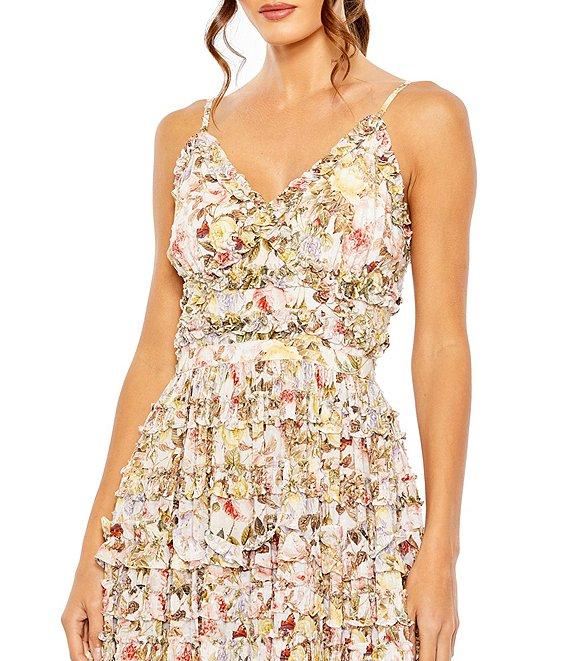 Mac Duggal Floral Print V-Neck Spaghetti Strap Ruffle Embellished A-Line Maxi Dress Product Image