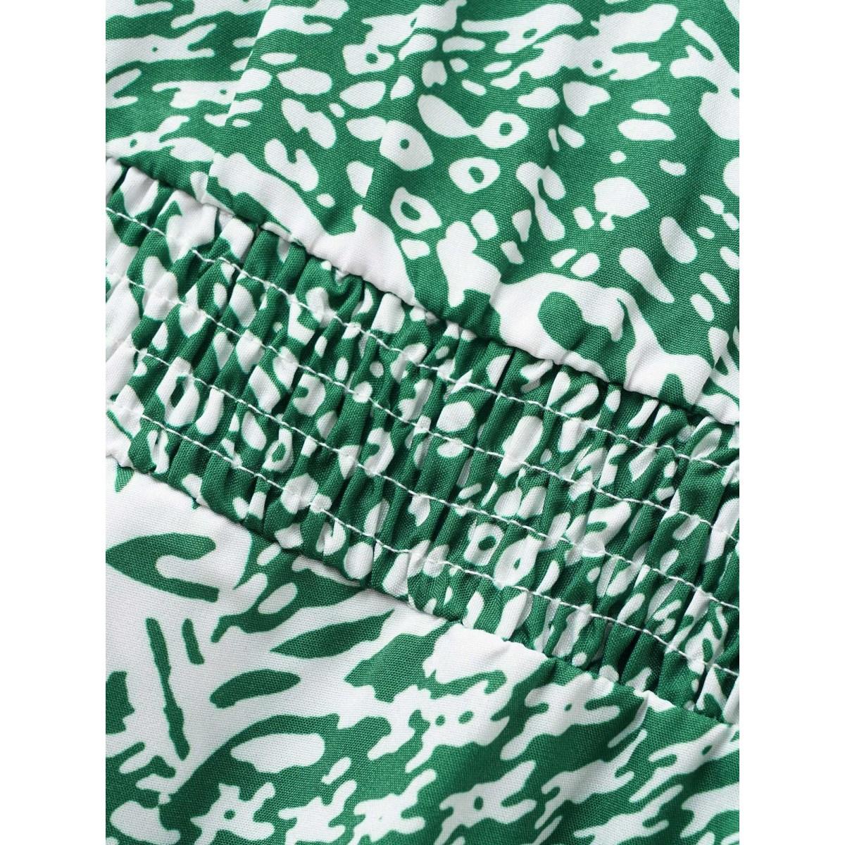Plus Size Leopard Print Shirred Lantern Sleeve Dress Green Women At the Office Shirred V-neck Half Sleeve Curvy BloomChic 22-24/3X Product Image