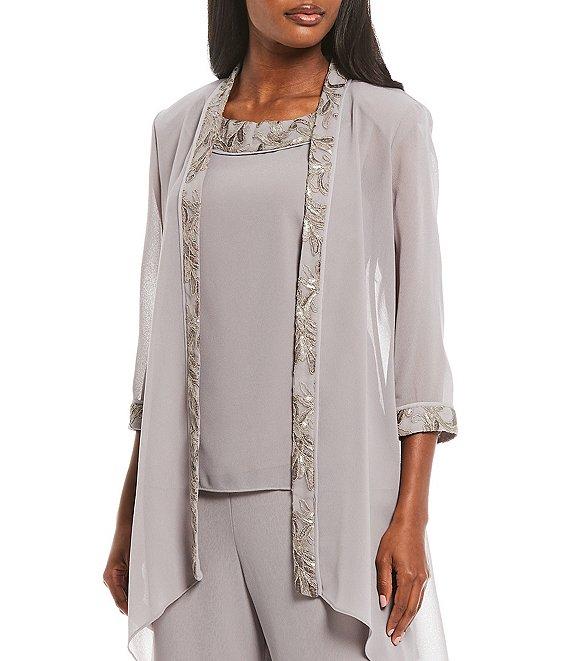 Le Bos Round Neck 3/4 Sleeve Embroidered Sequin Trim 3-Piece Pant Set Product Image