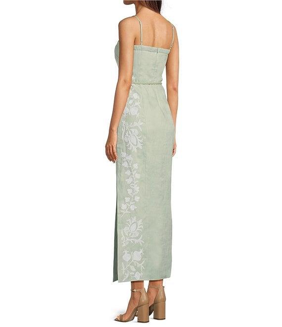 Le' AL.X Linen Embroidered Square Neck Sleeveless Spaghetti Strap Braided Belt Column Side Slit Maxi Coordinating Dress Product Image