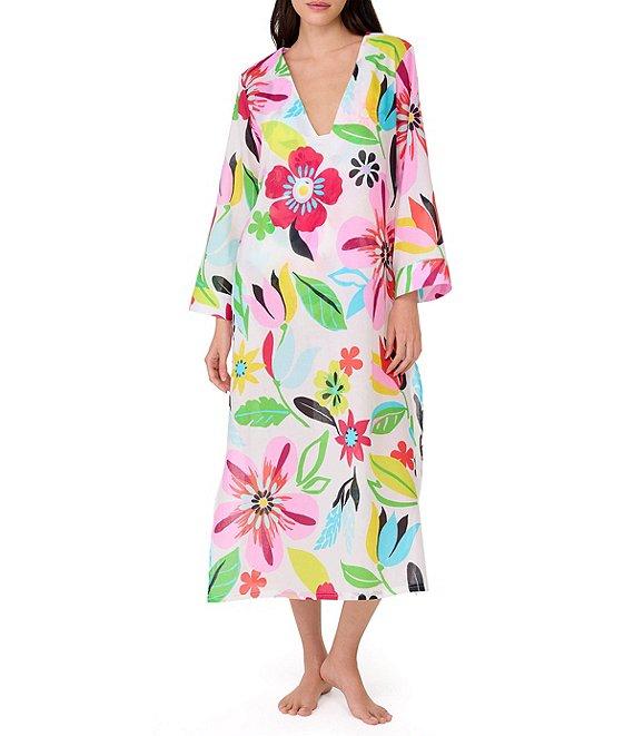 kate spade new york Safari Floral V-Neck Side Slit Caftan Swim Cover-Up Product Image