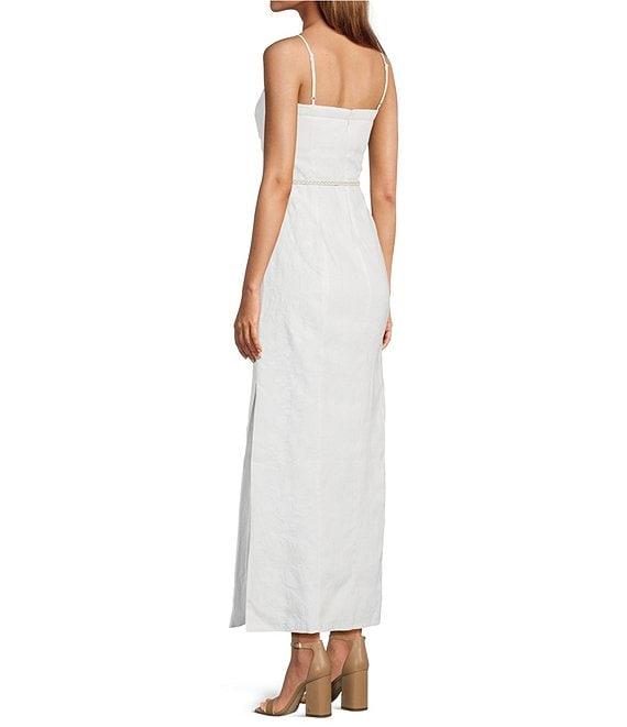 Le' AL.X Linen Embroidered Square Neck Sleeveless Spaghetti Strap Braided Belt Column Side Slit Maxi Coordinating Dress Product Image