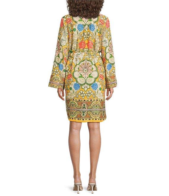 A Loves A Woven Floral Print Mandarin Collar Long Bell Sleeve Tie Waist Mini Shirt Dress Product Image