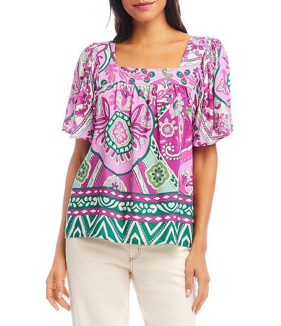 Karen Kane Petite Size Printed Square Neck Short Flare Sleeve Top Product Image
