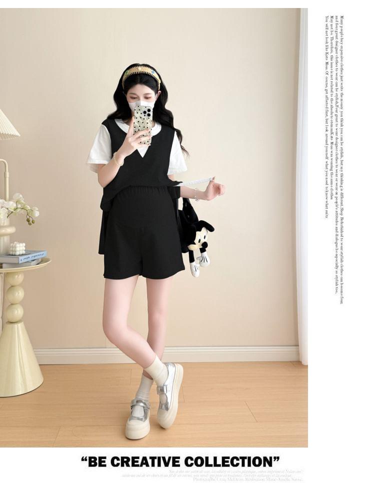Maternity Set: Short-Sleeve Round Neck Mock Two Piece Tee + High Waist Plain Shorts Product Image