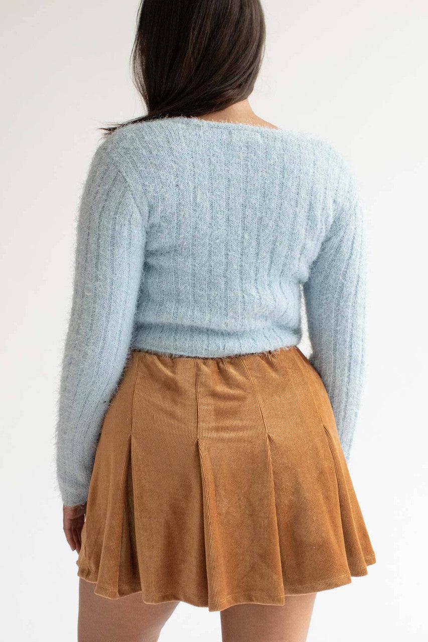 Camel Pleated Corduroy Skater Skirt Product Image