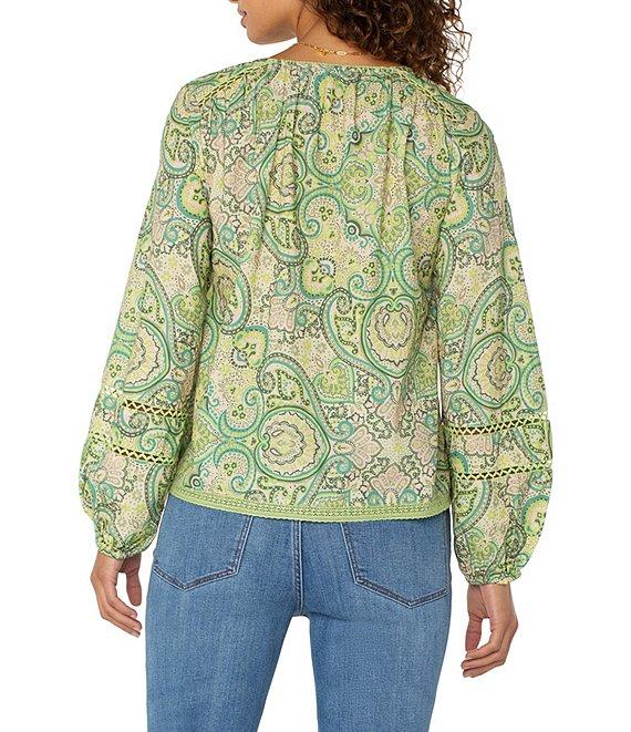 Liverpool Los Angeles Woven Paisley Print V-Neck Long Sleeve Shirred Blouse Product Image