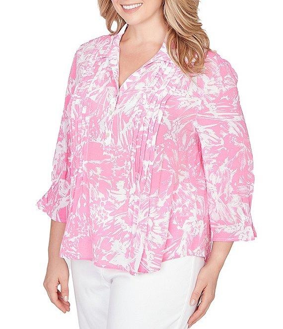 Ruby Rd. Plus Size Silky Slub Woven Brushstroke Floral Collared V-Neck 3/4 Sleeve Top Product Image
