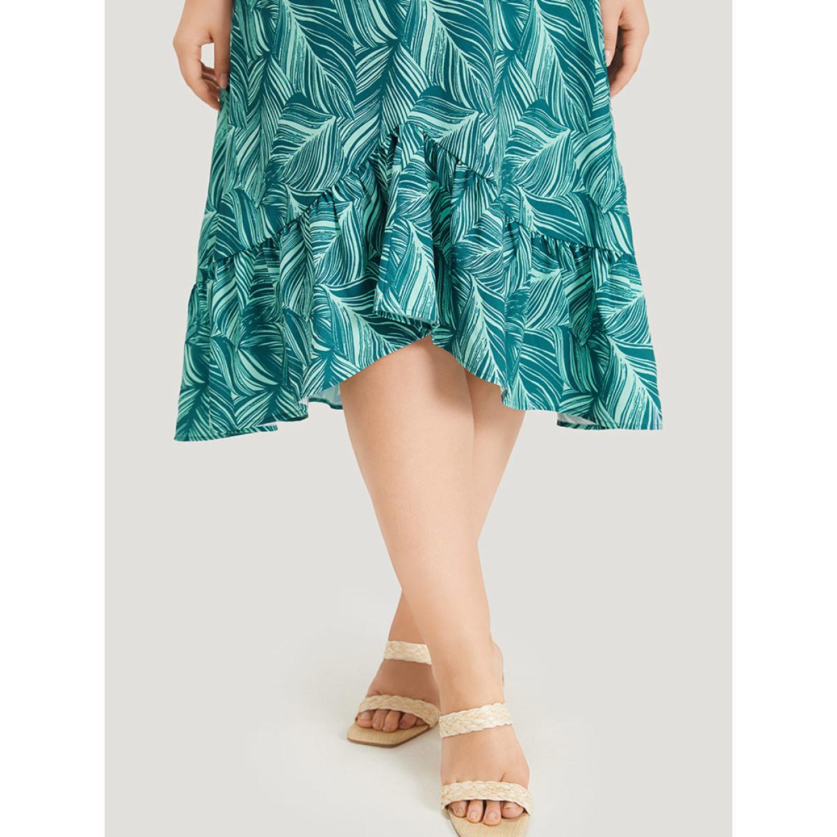 Plus Size Plant Print Ruffles Pocket Asymmetrical Hem Wrap Dress Green Women Vacation Wrap V-neck Short sleeve Curvy Midi Dress BloomChic 28/5X Product Image