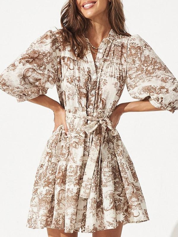 Loose Puff Sleeves Pleated Printed Split-Joint Tied Waist Lapel Mini Dresses Shirt Dress Product Image