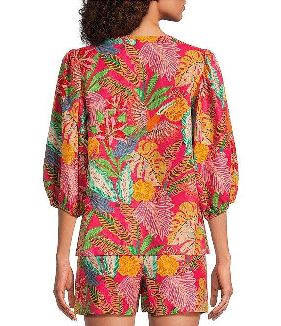 Gibson & Latimer Coordinating Floral Printed Split V-Neck 3/4 Puff Sleeve Top Product Image