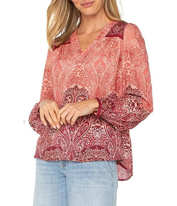 Liverpool Los Angeles Woven Printed V-Neck Long Sleeve Blouse Product Image