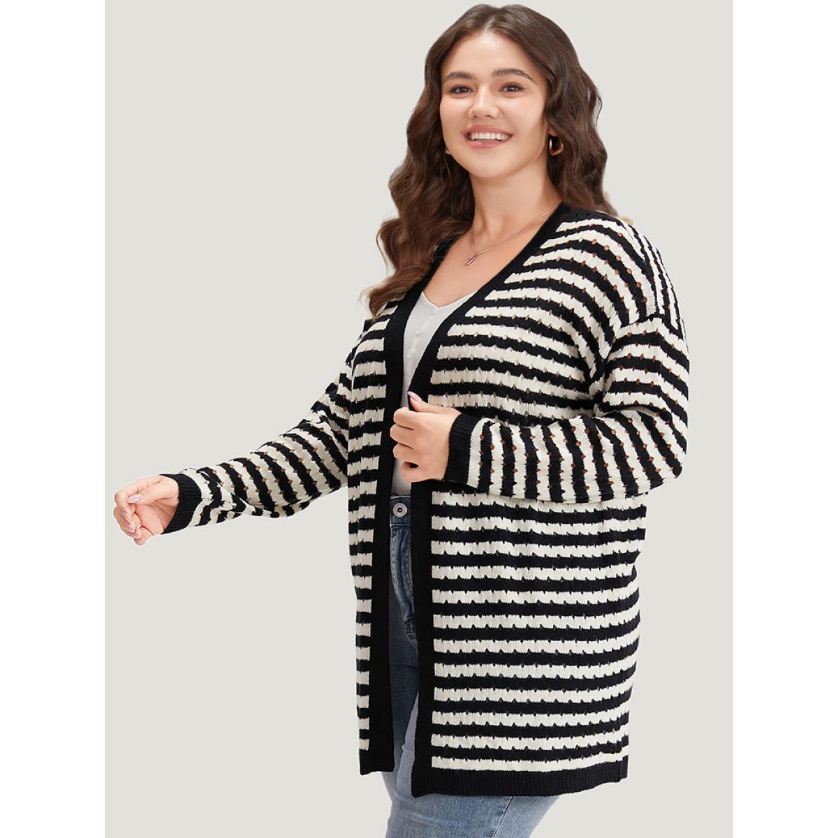 Plus Size Striped Geo Eyelet Drop Shoulder Cardigan Black Women Casual Loose Long Sleeve Dailywear Cardigans BloomChic 22-24/3X Product Image