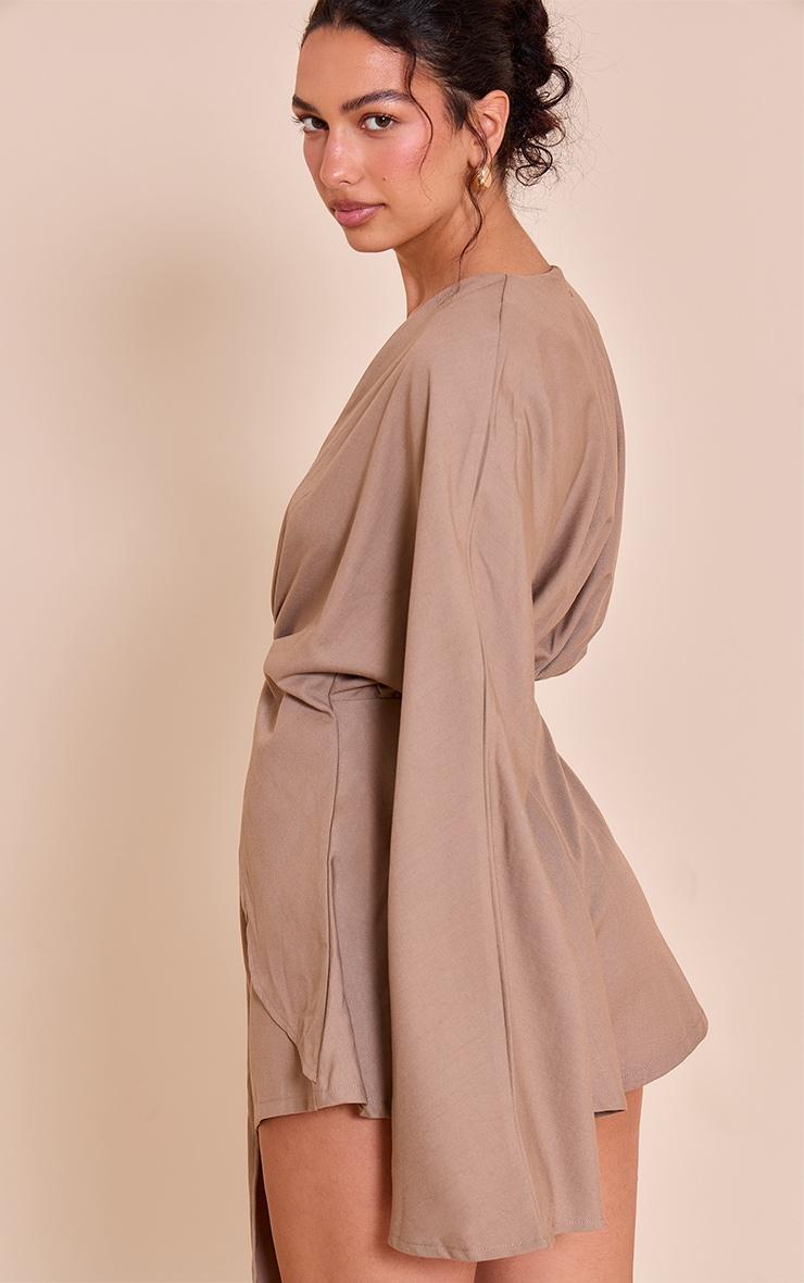 Mushroom Woven Trim Detail Plunge Drape Romper Product Image