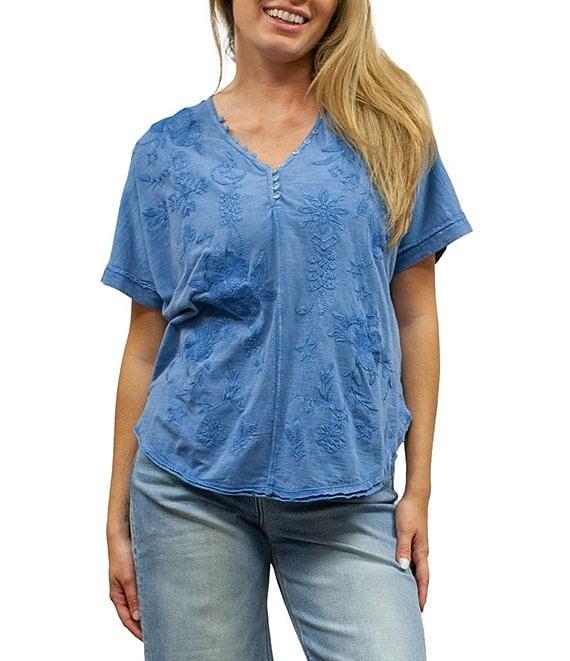 Karyn Seo Alegra Floral Embroidered Button V-Neck Dolman Short Sleeve Tee Product Image