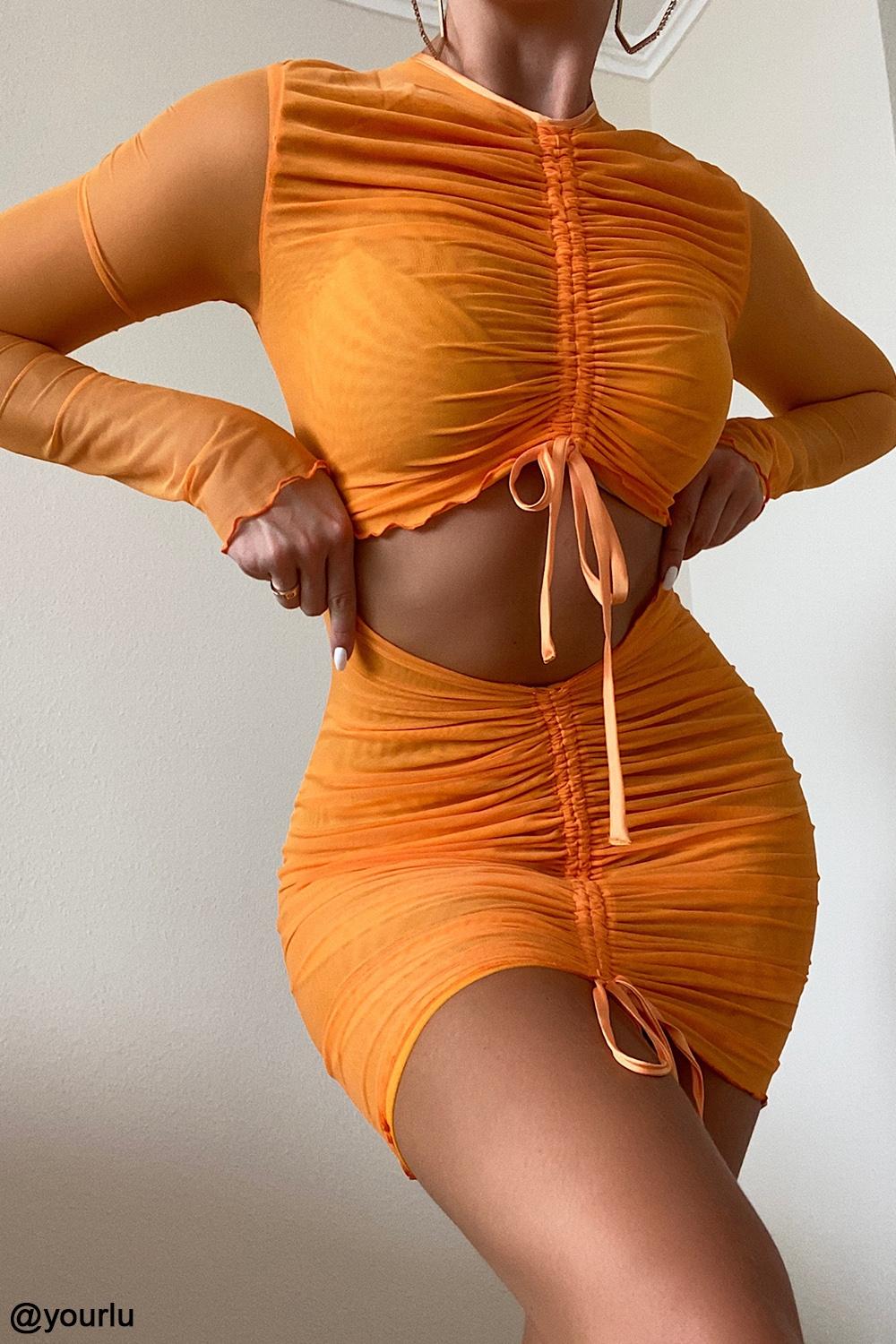 Jeanelle  orange ruched mesh long sleeve cutout mini dress Product Image