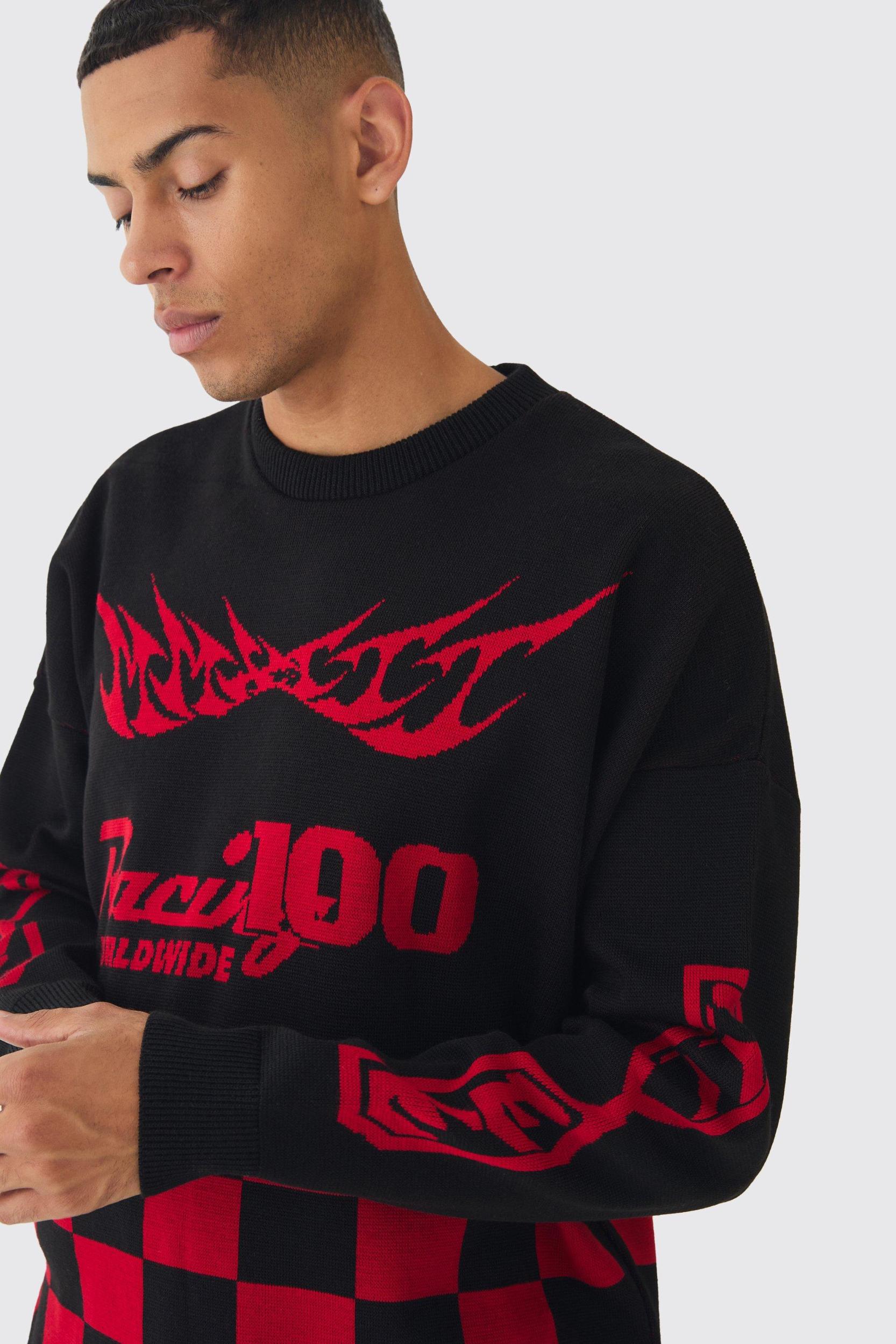 Oversized Moto Graphic Sweater in Black | boohooMAN USA Product Image