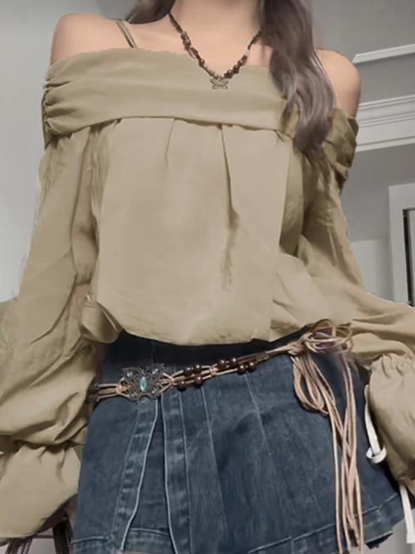 Off Shoulder Tie Up Puff Sleeve Long Sleeve Blouse Product Image