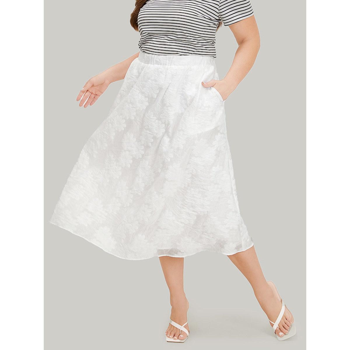 Plus Size Solid Floral Print Pocket Midi Skirt Women White Elegant Heather No stretch Pocket Dailywear Skirts BloomChic 10/M Product Image