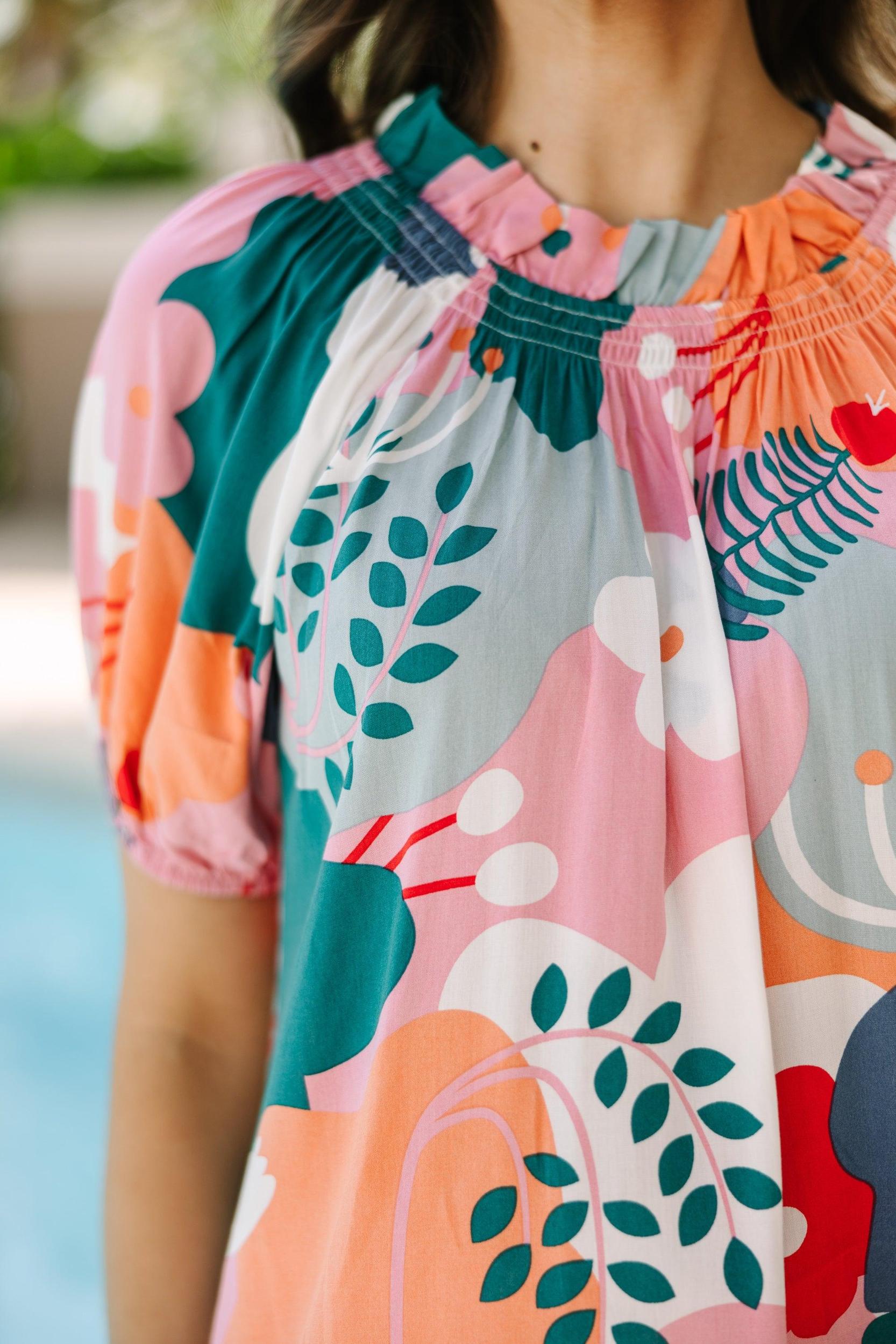 Feeling Fun Jade Green Floral Bubble Sleeve Blouse Female Product Image