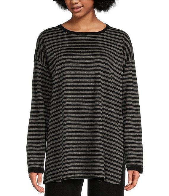 Eileen Fisher Striped Cozy Brushed Terry Round Neck Long Sleeve Long Boxy Top Product Image