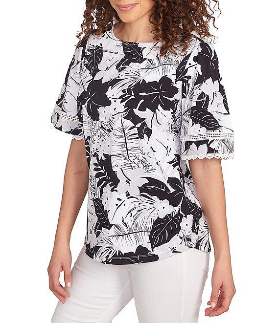 Ruby Rd. Knit Tropical Paradise Print Crew Neck Short Sleeve Top Product Image