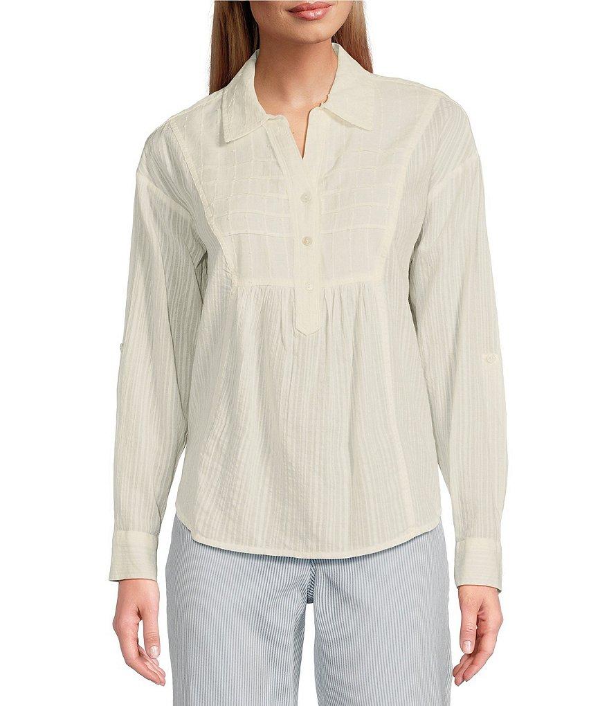 Westbound Petite Size Roll Tab 3/4 Sleeve Point Collar Henley Top Product Image