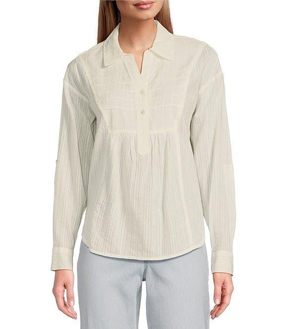 Westbound Petite Size Roll Tab 3/4 Sleeve Point Collar Henley Top Product Image