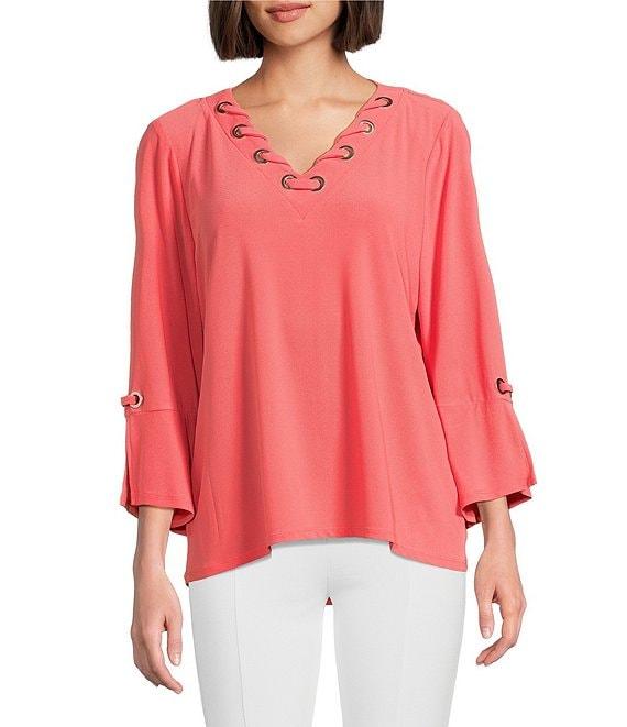 Slim Factor by Investments V-Neckline 3/4 Slit Sleeve Grommet Top Product Image