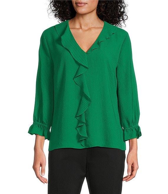 Investments Petite Size Riley Woven Cascading Ruffle V-Neck 3/4 Sleeve Top Product Image