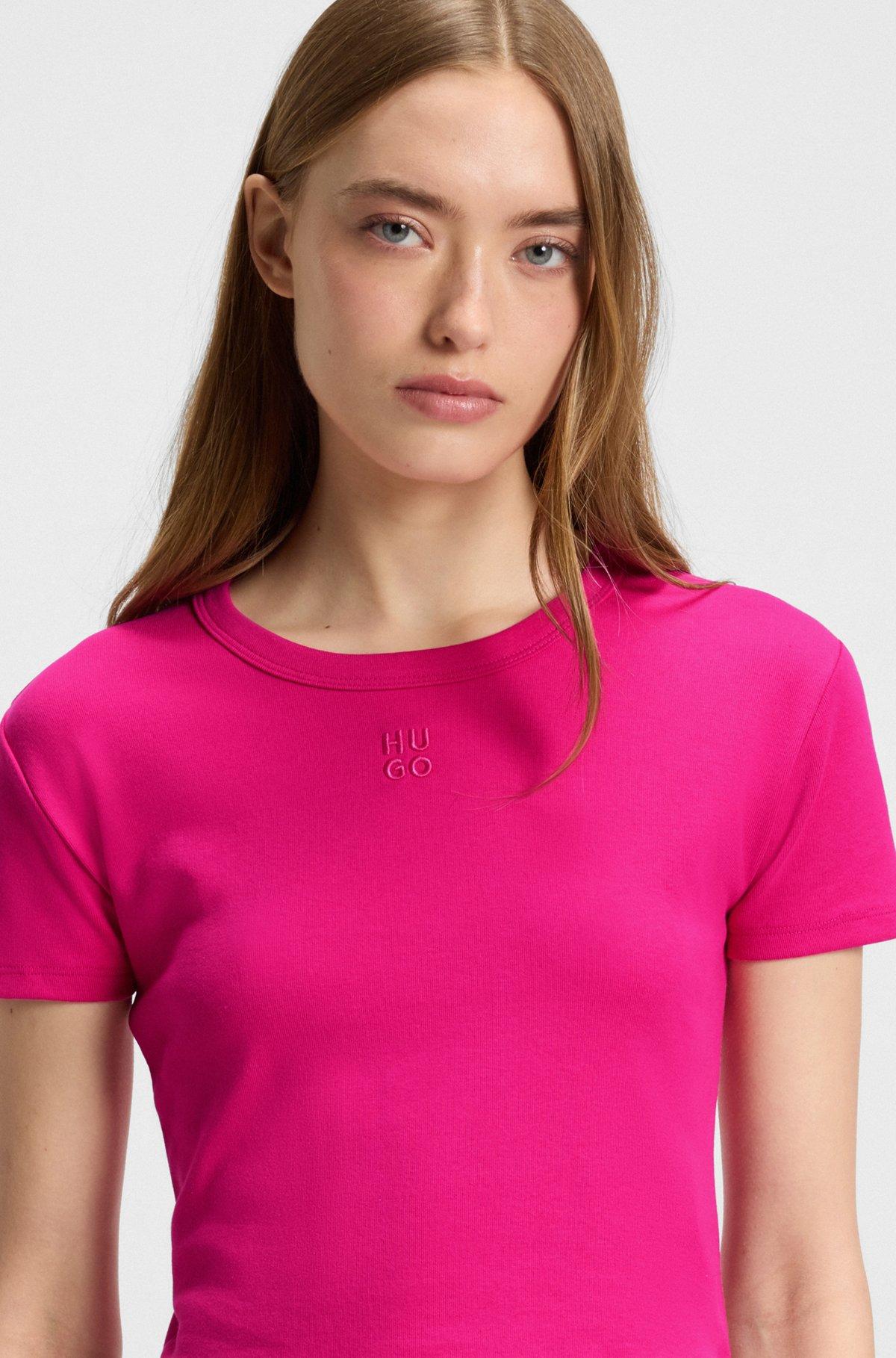 HUGO - Cropped slim-fit T-shirt with stacked logo - Pink Product Image