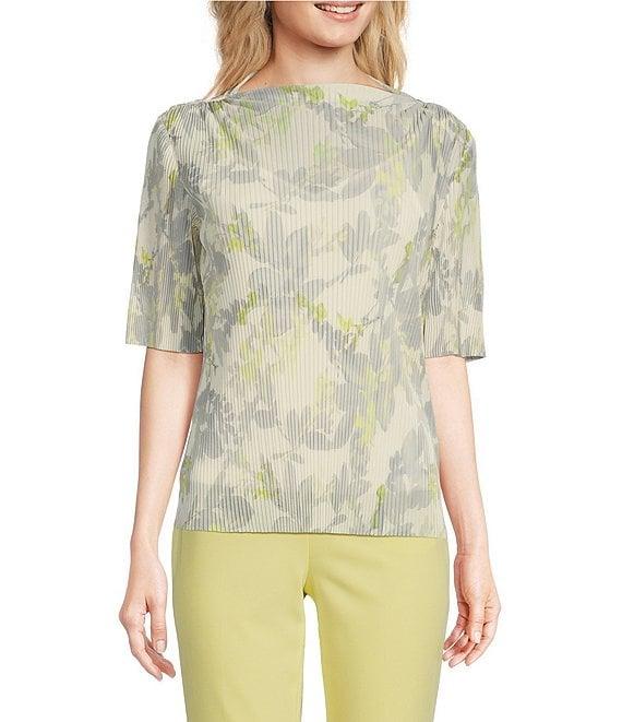 Calvin Klein Printed Mesh Knit Crew Neck Short Sleeve Pleated Blouse Product Image