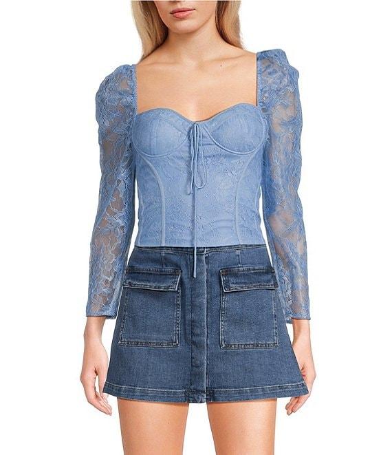 Chelsea & Violet Laura Woven Lace Sweetheart Neck Tie Front Long Sleeve Fitted Blouse Product Image