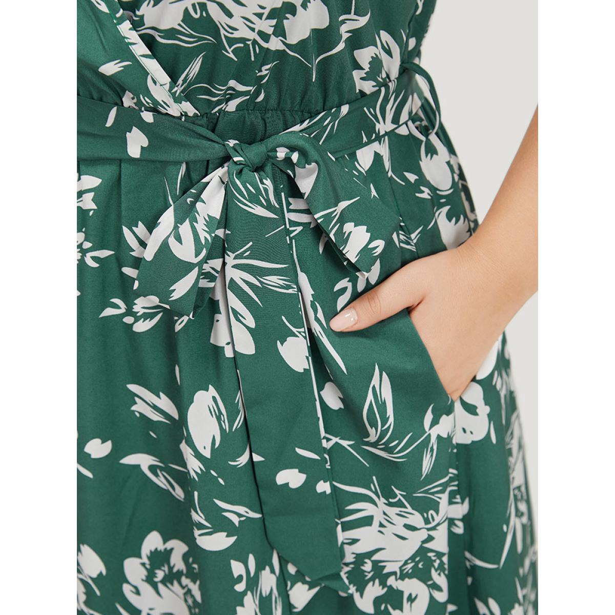 Plus Size Floral Print Belted Ruffle Cap Sleeve Pocket Dress Green Women Elegant Wrap V-neck Cap Sleeve Curvy Midi Dress BloomChic 22-24/3X Product Image