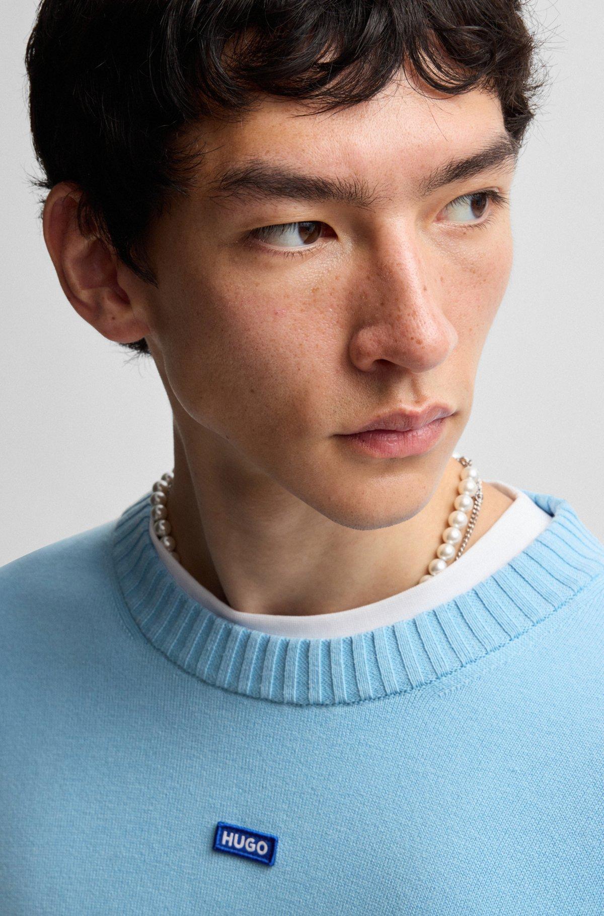 Knitted-cotton sweater with blue logo label Product Image