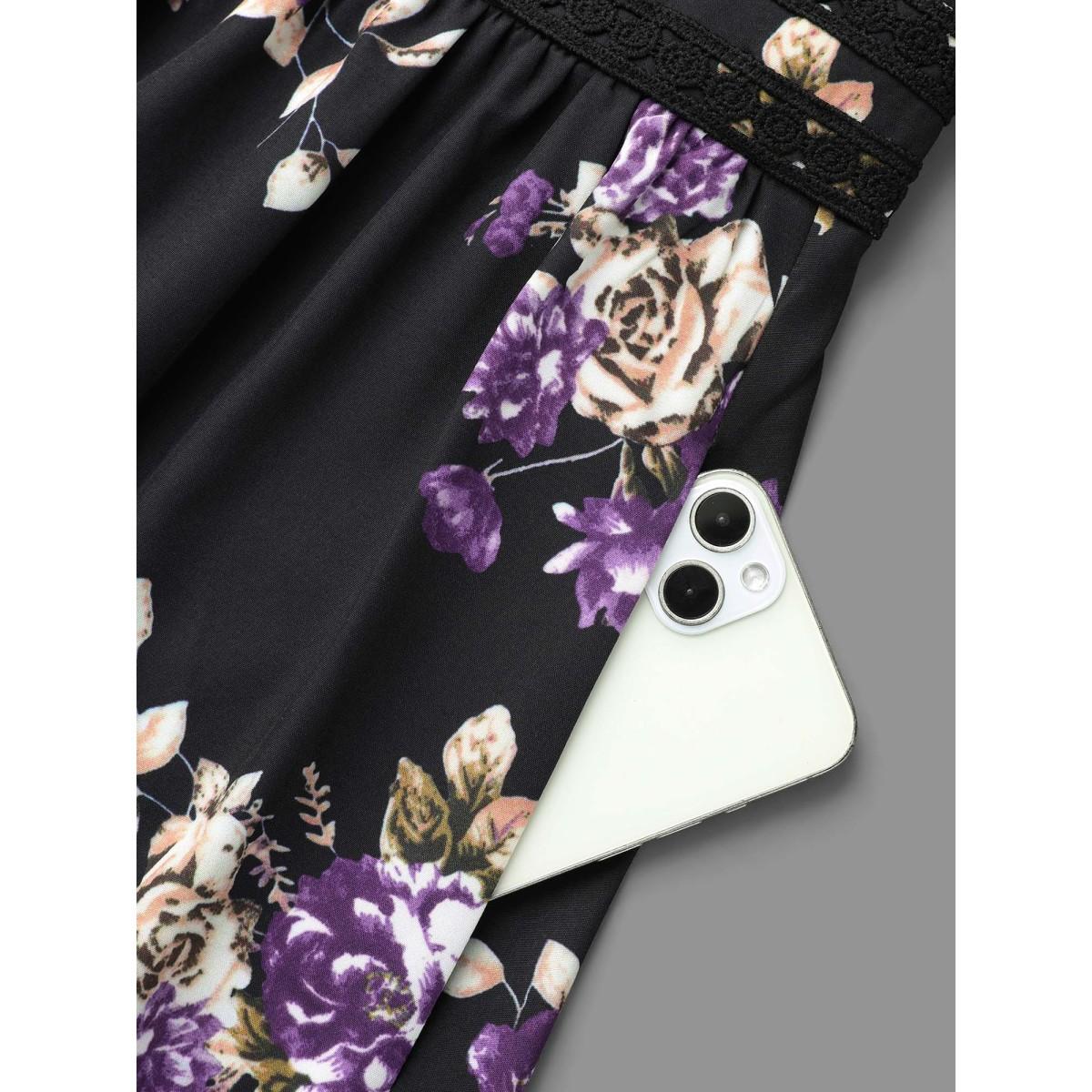 Plus Size V-Neck Floral Bust Defining Lace Dress Black Women Elegant Woven ribbon&lace trim V-neck Long Sleeve Curvy BloomChic 14-16/1X Product Image