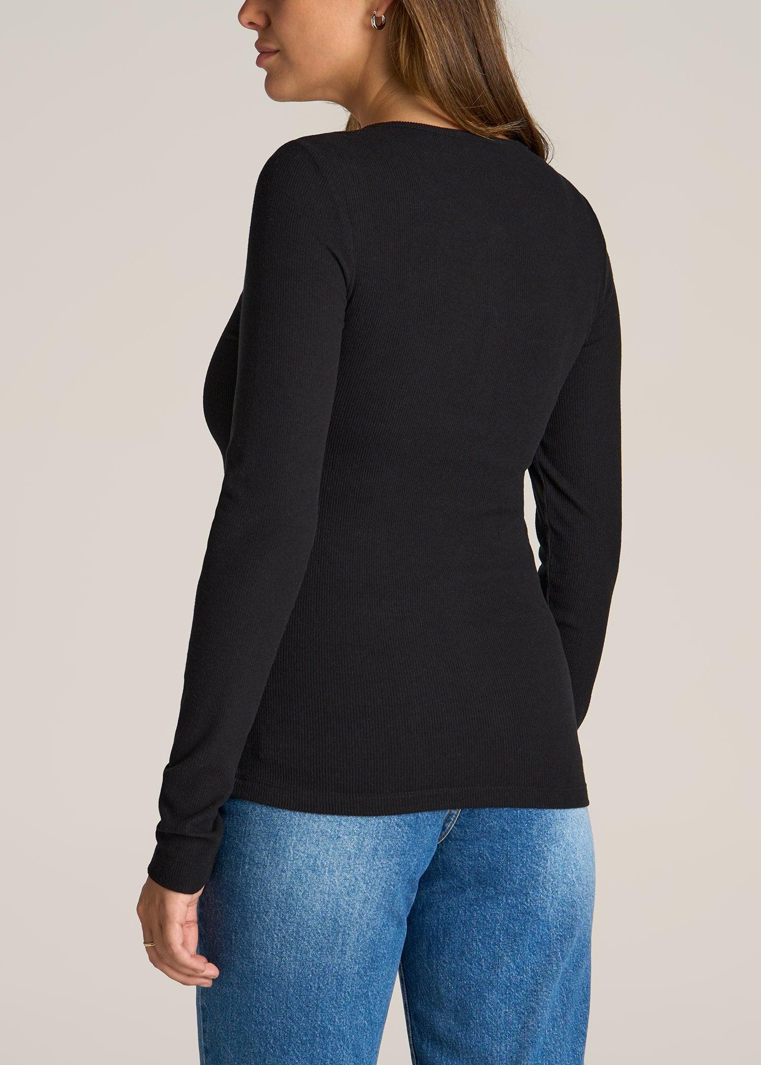 Long Sleeve Ribbed Crewneck Henley Shirt for Tall Women in Black Female Product Image