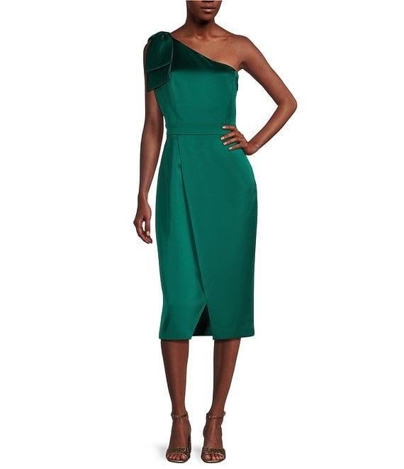 Alex Marie Molly Satin Asymmetrical One Bow Shoulder Sleeveless Faux Wrap Split Hem Sheath Midi Dress Product Image